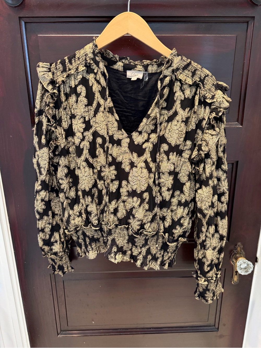 Elan Black and Gold Floral Ruffle V-Neck Blouse L